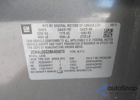 2011 Chevrolet Equinox 1Lt из США, поврежденный, VIN 2CNALDEC6B6459870